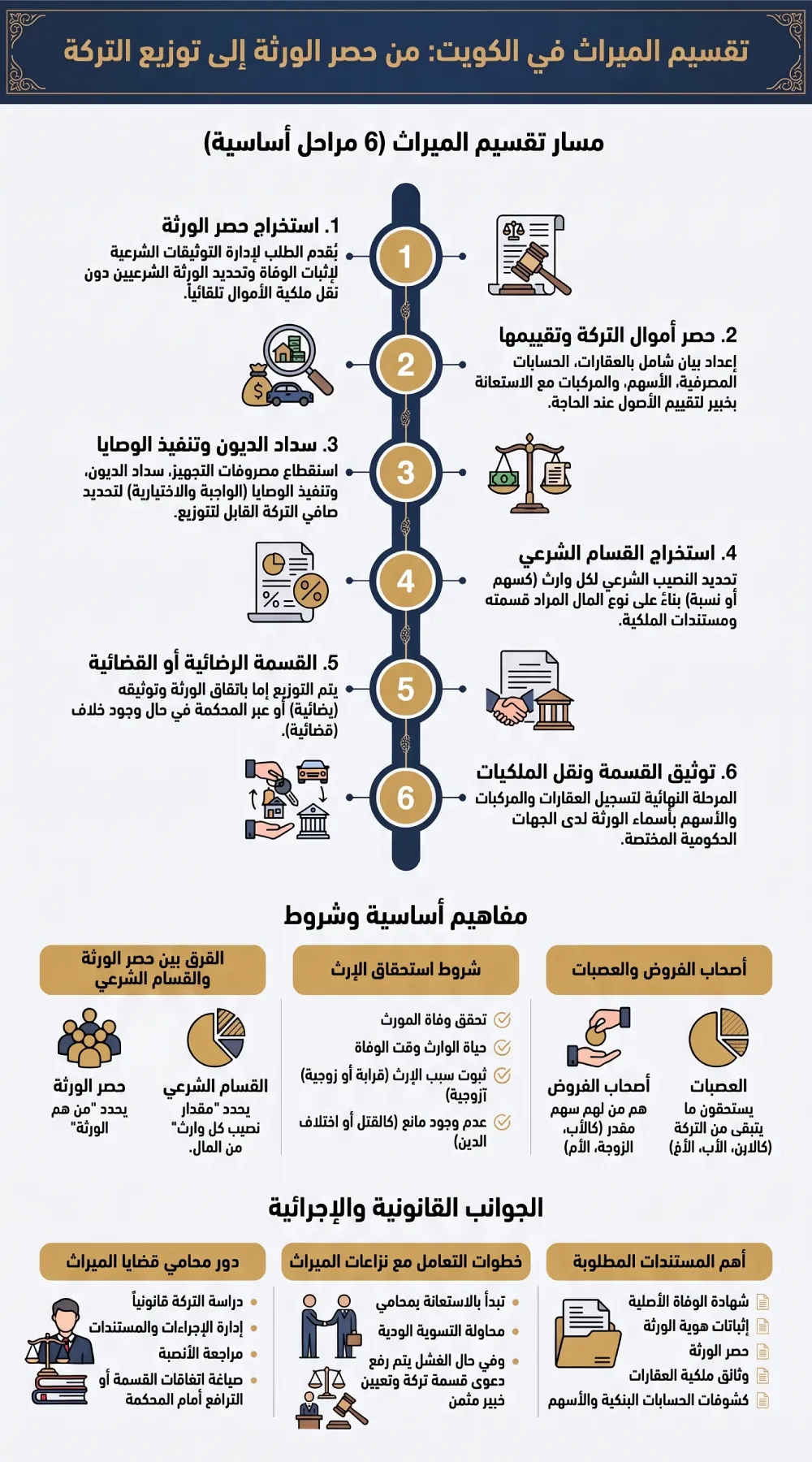 إنفوغرافيك يوضح مراحل تقسيم الميراث في الكويت من حصر الورثة وحصر التركة إلى القسام الشرعي وتوزيع التركة ونقل الملكيات
